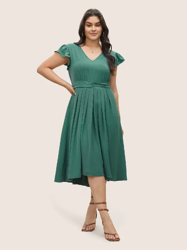Anti-Wrinkle Solid Ruched Flutter Trim Pleated Dress Tunics Print Colorful