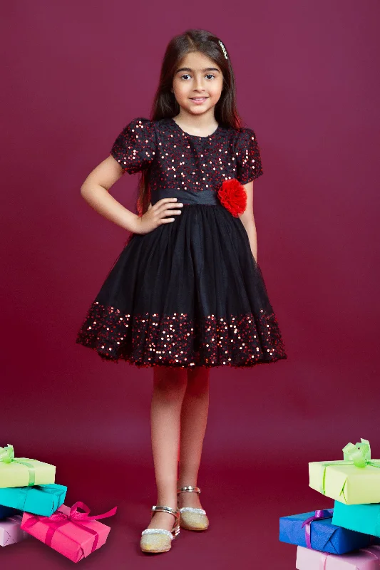 Pre-Order: Black net dress embellished with red sequence Tunics stripes playful