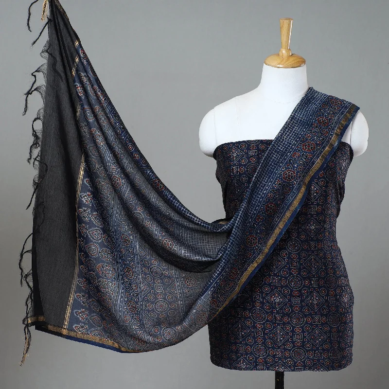 Blue - 2pc Block Print Chanderi Silk Ajrakh Dress Material 07 Tunics Recommended stylist