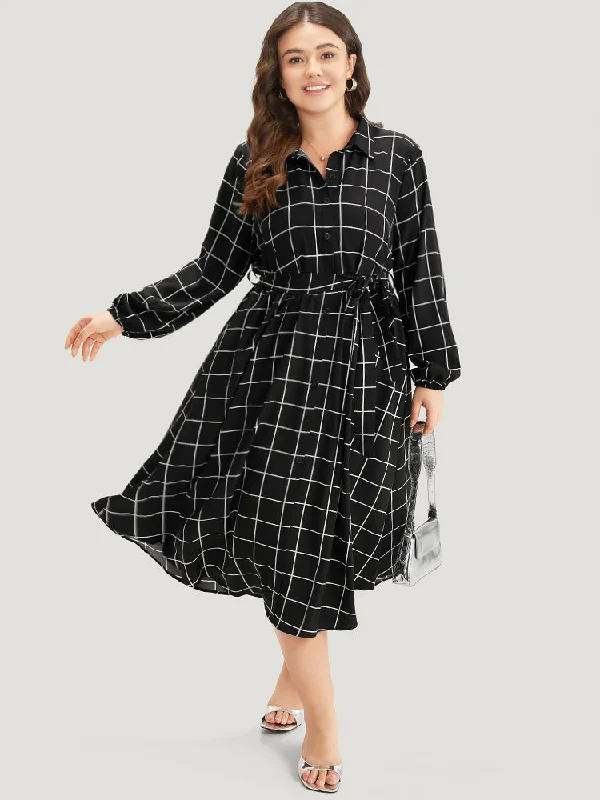 Plaid Shirt Collar Belted Lantern Sleeve Dress Tunics Exclusive limited