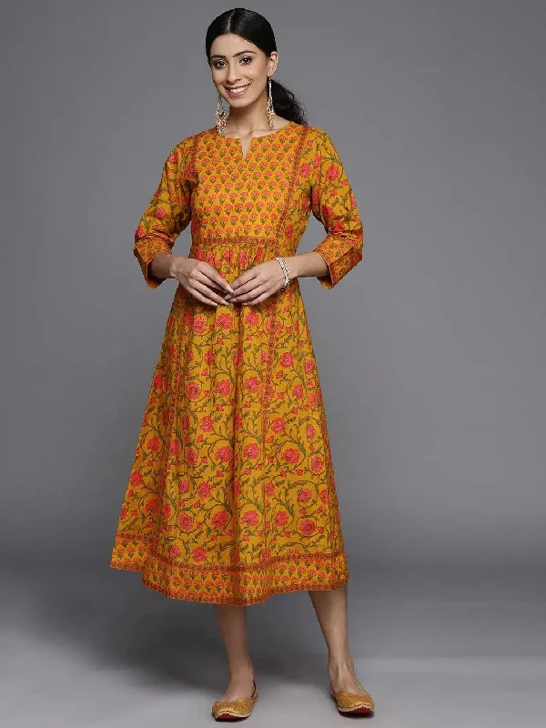 Mustard Printed Cotton Dress Tunics Fashionable chic