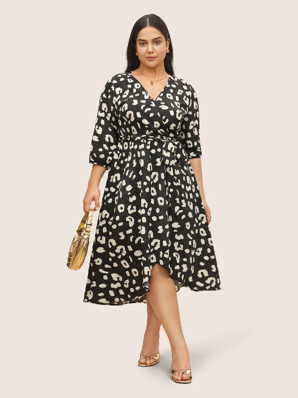 Leopard Overlap Collar Elastic Waist Belted Dress Tunics Office stylish