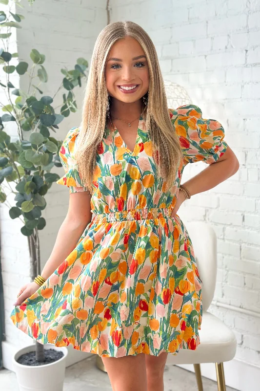 Yellow Floral Print Cinch Bubble Dress Tunics Satin smooth