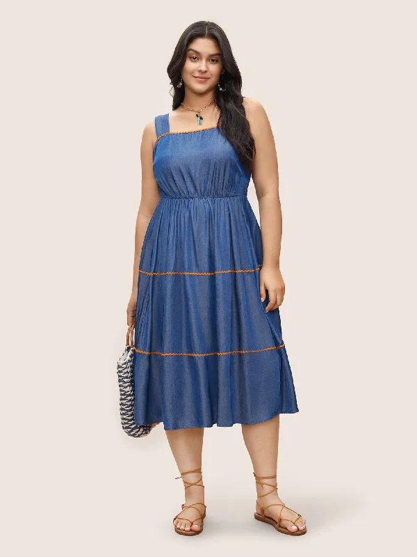Denim-Effect Print Contrast Elastic Waist Cami Dress Tunics Trousers formal
