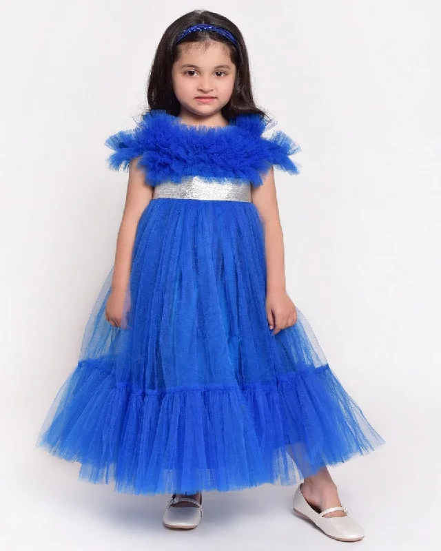 Royal Blue Flare Dress with Sliver Belt Tunics Satin smooth