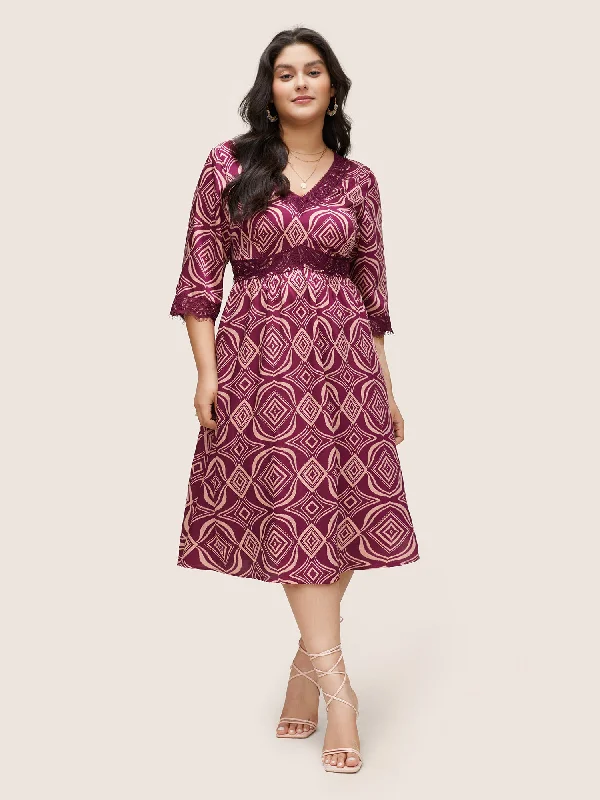 Geometric Lace Panel Patchwork Elastic Waist Dress Tunics Distressed trendy
