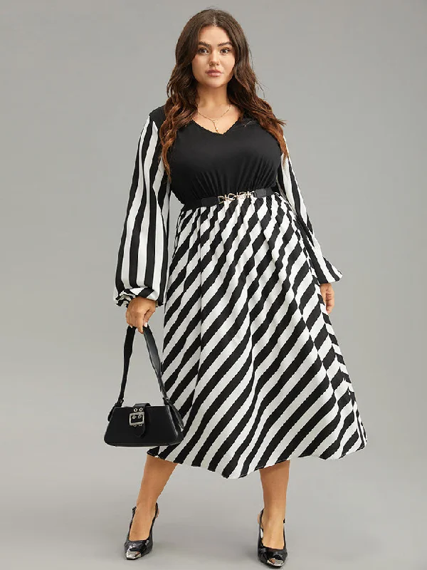 Striped Patchwork Elastic Waist Lantern Sleeve Dress Tunics Trendy modern