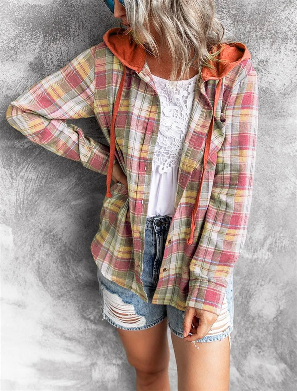 Women Autumn Hooded Collar Plaid Sweatshirt Tide Drawstring Loose Casual Hoodies Button With Chest-pocket Hoodie with Earth Tones Natural Calm Women Autumn Hooded Collar Plaid Sweatshirt Tide Drawstring Loose Casual Hoodies Button With Chest-pocket Hoodie with Earth Tones Natural Calm