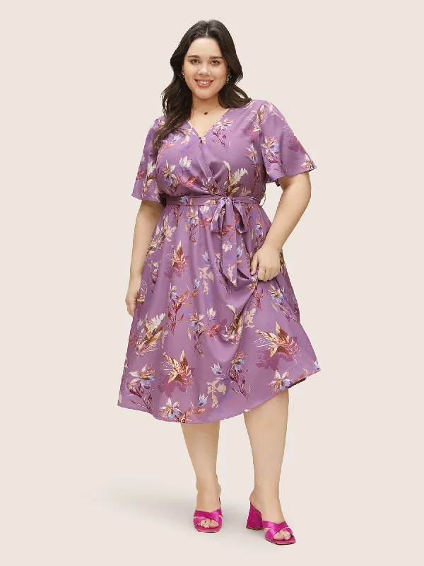 Floral Print Pocket Wrap Belted Dress Tunics Evening elegant
