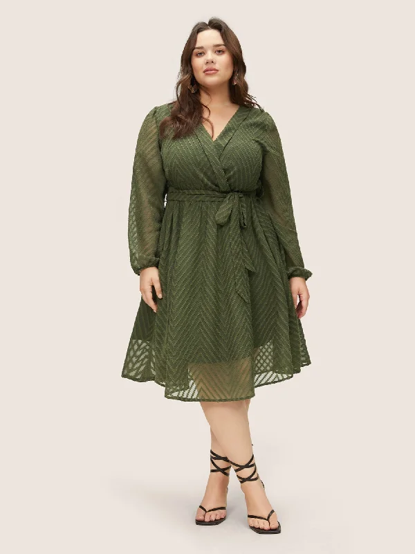 Plisse Belted Mesh Overlap Collar Dress Tunics Vintage classic