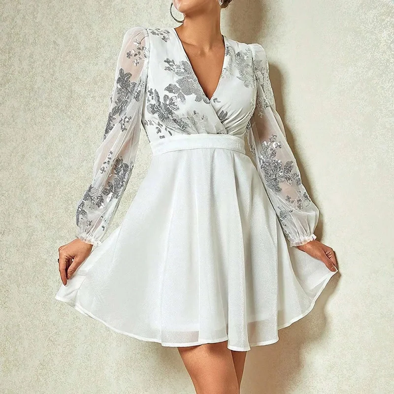 Sequin Stitching V Neck Party Gauze Long Sleeve Short A-Line High Waist Female Elegant Evening Party Dress Tunics Versatile stylish Sequin Stitching V Neck Party Gauze Long Sleeve Short A-Line High Waist Female Elegant Evening Party Dress Tunics Versatile stylish