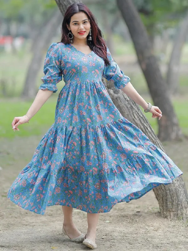 Blue Printed Cotton Fit and Flare Dress Tunics Versatile all-occasion