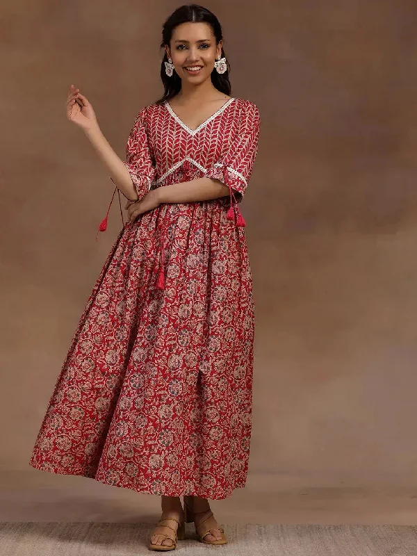 Pink Printed Cotton Fit and Flare Dress Tunics Bestseller popular
