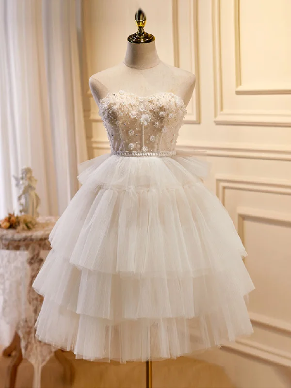 Cute White Strapless Sheer Teried Tulle Party Dress Homecoming Dress Sequined Elegant Party