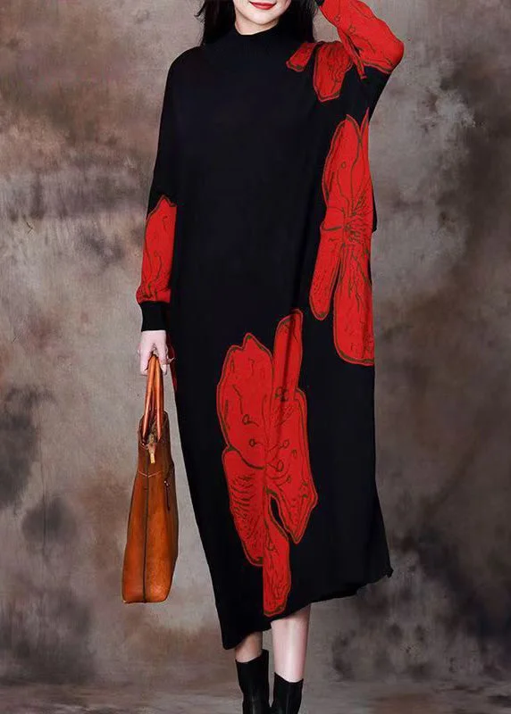 Loose Red O Neck Print Knitting Cotton Long Dresses Spring Tunics Practical easy-care Loose Red O Neck Print Knitting Cotton Long Dresses Spring Tunics Practical easy-care