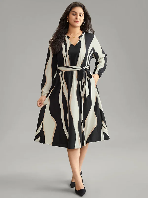 Colorblock Striped Notched Belted Lantern Sleeve Dress Tunics Office stylish