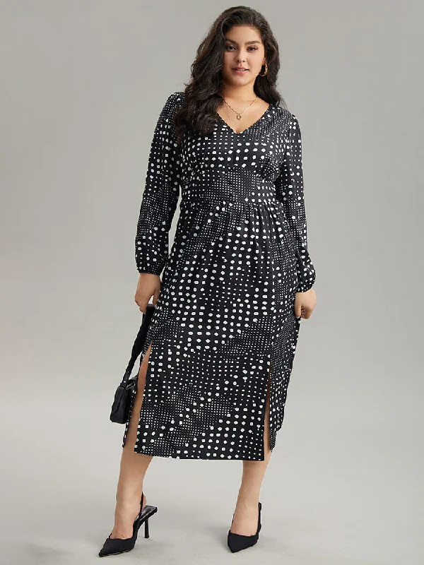 Polka Dot Elastic Waist Split Hem Dress Tunics Practical easy-care