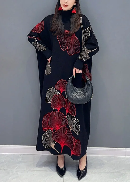 Classy Black Turtleneck Print Cotton Knit Long Dress Long Sleeve Elegant Long Evening Classy Black Turtleneck Print Cotton Knit Long Dress Long Sleeve Elegant Long Evening