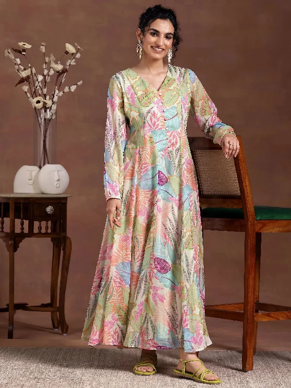 Green Printed Chiffon A-Line Dress Tunics Versatile functional