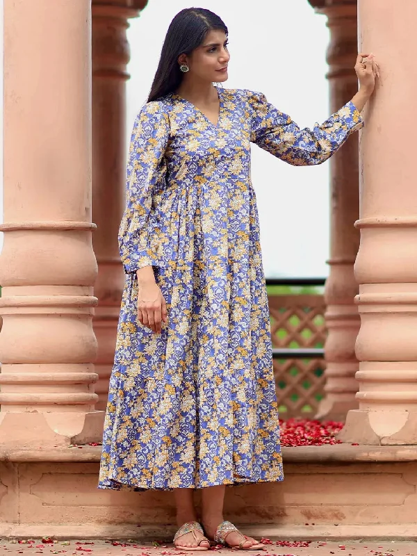Blue Printed Cotton Fit and Flare Dress Tunics Cozy comfortable