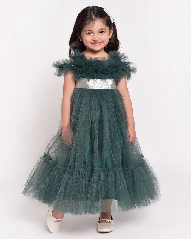 Green Flare Dress with Sliver Belt Tunics Mesh breathable