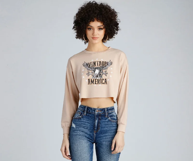 Vintage America Cropped Sweatshirt Hoodie with Double Zipper Versatile Adjustable