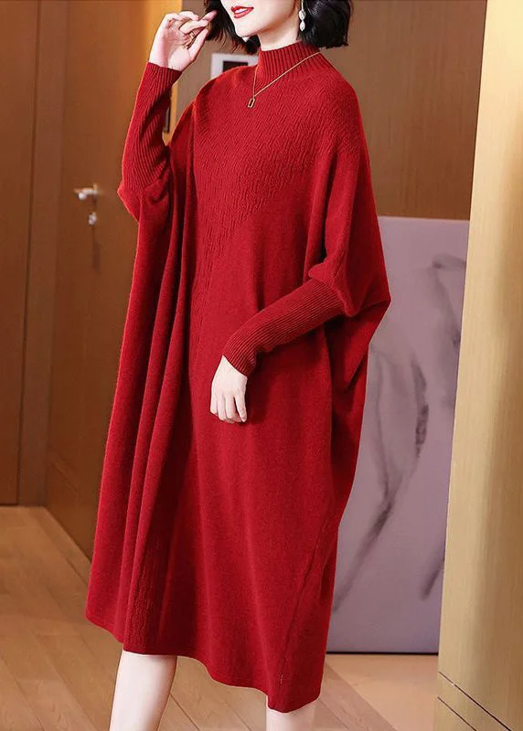 Beautiful Red Turtleneck Cozy Cotton Knit Long Dresses Long Sleeve Maxi Flowy Bohemian Beautiful Red Turtleneck Cozy Cotton Knit Long Dresses Long Sleeve Maxi Flowy Bohemian