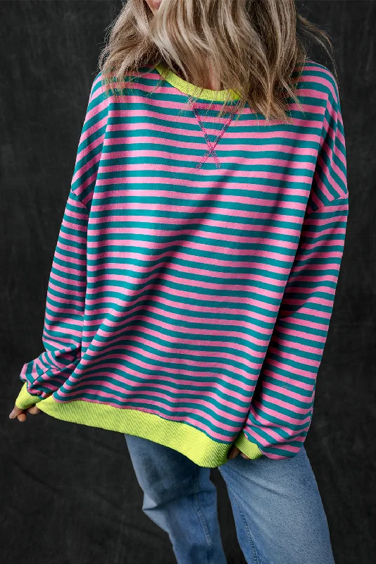 Oversized Striped Sweatshirt Hoodie with Distressed Vintage Worn