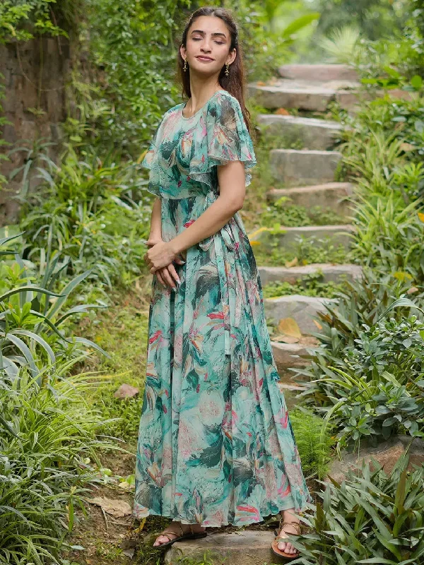Green Printed Chiffon A-Line Dress With Belt Tunics Fashionable trendy