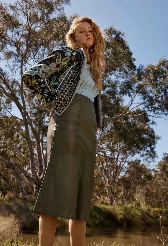 Once Was - Mable Leather Skirt in Moss corduroy skirt cozy