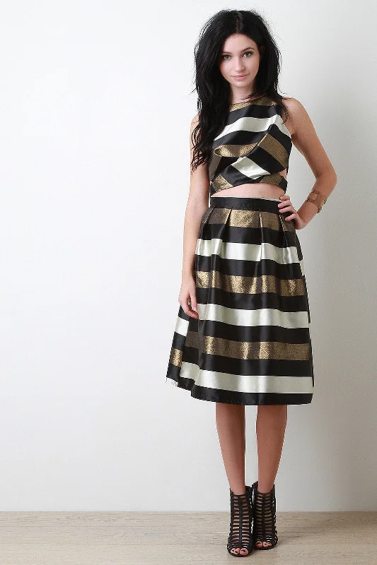 Metallic Stripe Pleated Midi Skirt corduroy skirt comfortable