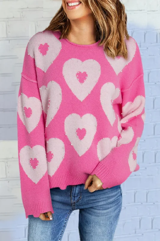 Abbie Pearl Detail Heart Round Neck Long Sleeve Sweater Stylish Fashionable Trendy