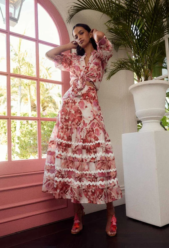 Once Was - Sanibel Cotton Silk Skirt in Flamingo Flower wool skirt thick