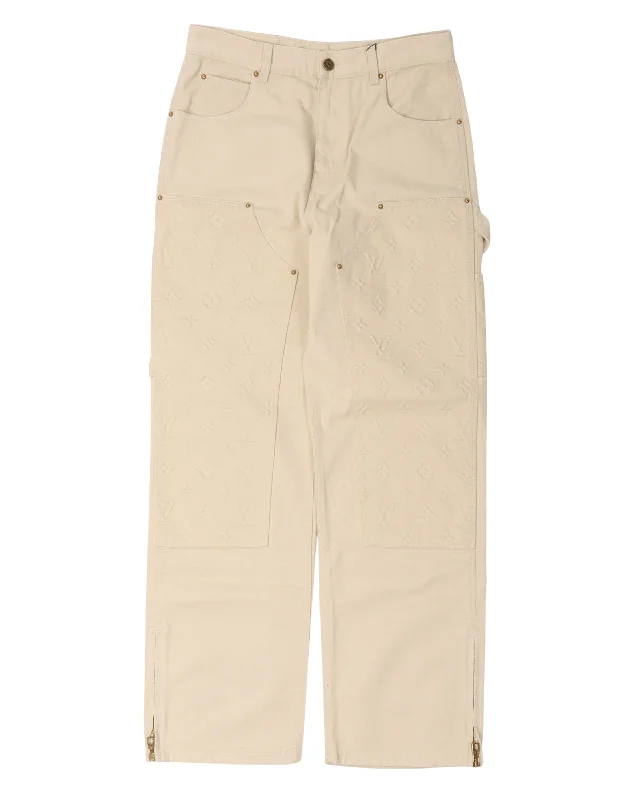 Monogram Embossed Double Knee Carpenter Pants Trendy Wide-Leg Pants