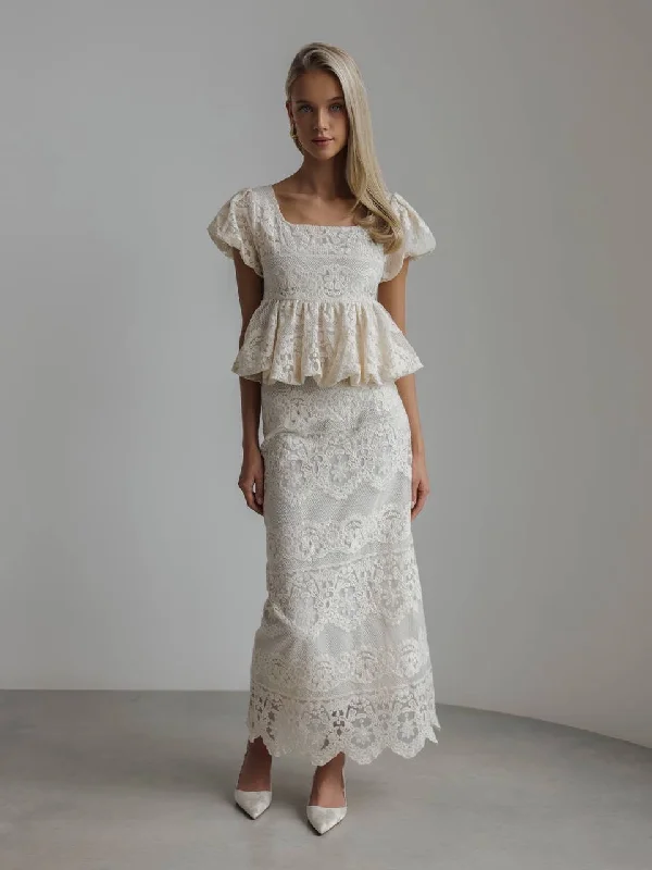 Ivory Lace Peplum Top and Skirt Set silk skirt lustrous