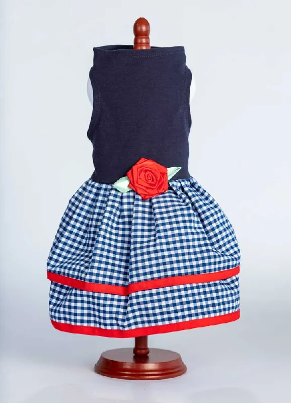 438 Navy Top with Multi Gingham Layer Skirt and Red Trim spandex blend skirt