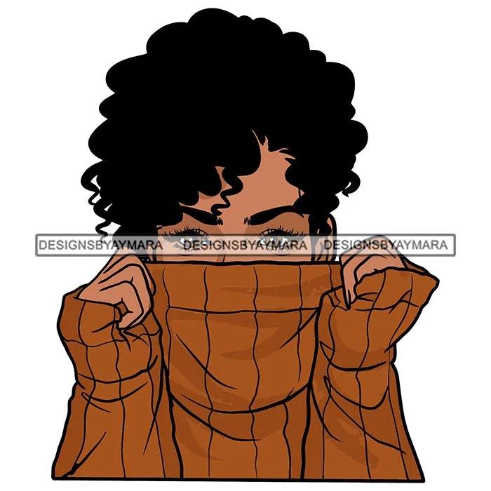 Woman Wearing Sweater Winter Outfit Cold Weather Melanin Nubian Black Girl Magic SVG JPG PNG Vector Clipart Cricut Silhouette Cut Cutting Notch Collar Peter Pan Collar Cowl Neck