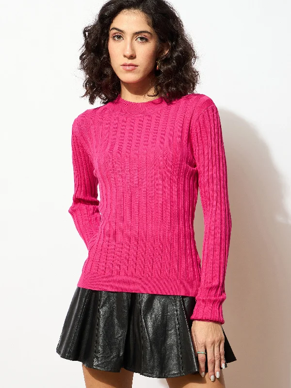 Women Pink Rib Full Sleeves High Neck Sweater Solid Color Striped Floral Print
