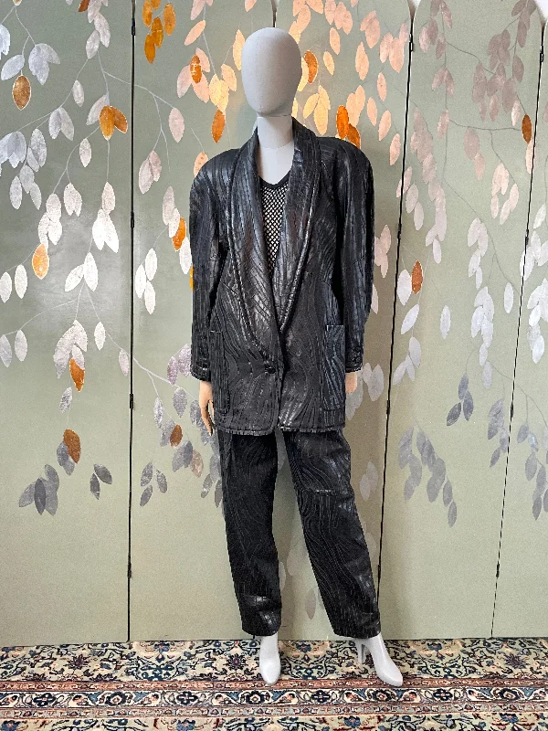 Vintage 1980s Black Textured Leather Pleated Pant and Blazer Set, Medium Casual Track Pants