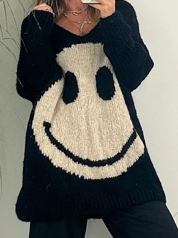 Smiling Face V-Neck Long Sleeve Sweater Chenille Brocade Lace