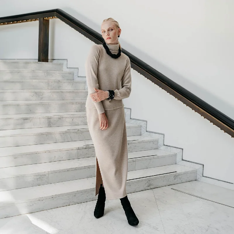 Hymy knit skirt, beige elastic waist skirt