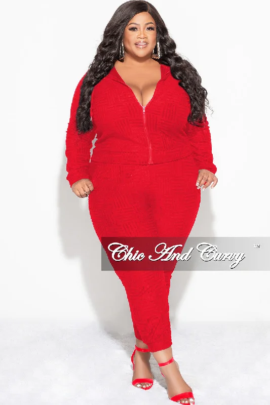 Final Sale Plus Size 2pc Hooded Zip-Up Jacket and Pants Set in Red Zippered Jacket Buttoned Jacket Snapped Jacket Final Sale Plus Size 2pc Hooded Zip-Up Jacket and Pants Set in Red Zippered Jacket Buttoned Jacket Snapped Jacket
