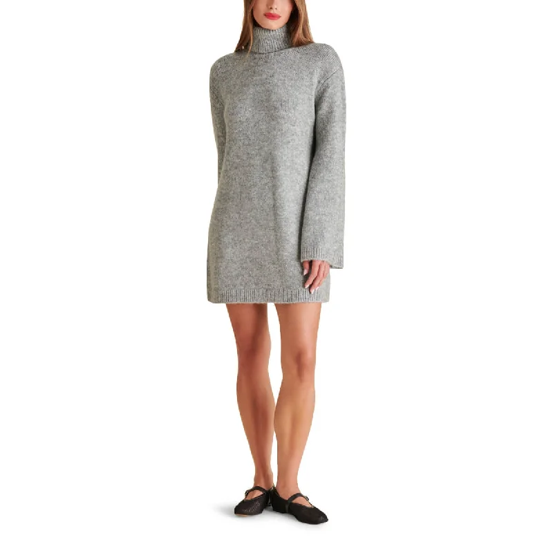 Steve Madden Abbie Metallic Knit Turtleneck Mini Sweater Dress Ribbed Striped Patterned