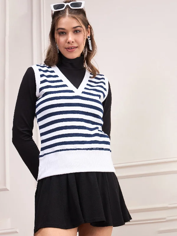Women Navy & White Striped V-Neck Sleeveless Sweater Fitted Loose Oversized