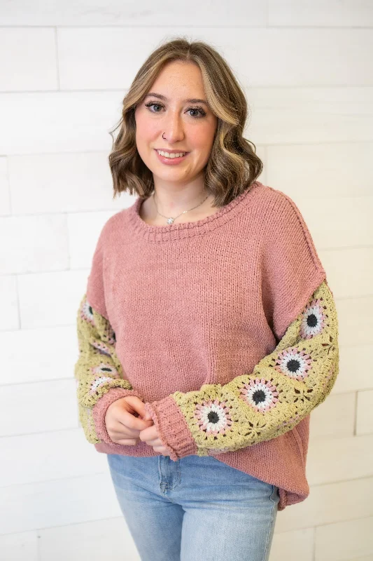Crochet Sleeve Mauve Grass Multi Sweater Fleece Fabric Down Fabric Feather Fabric