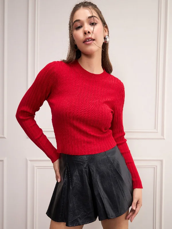 Women Red Rib Full Sleeves High Neck Sweater Welt Pockets Slit Pockets Flap Pockets