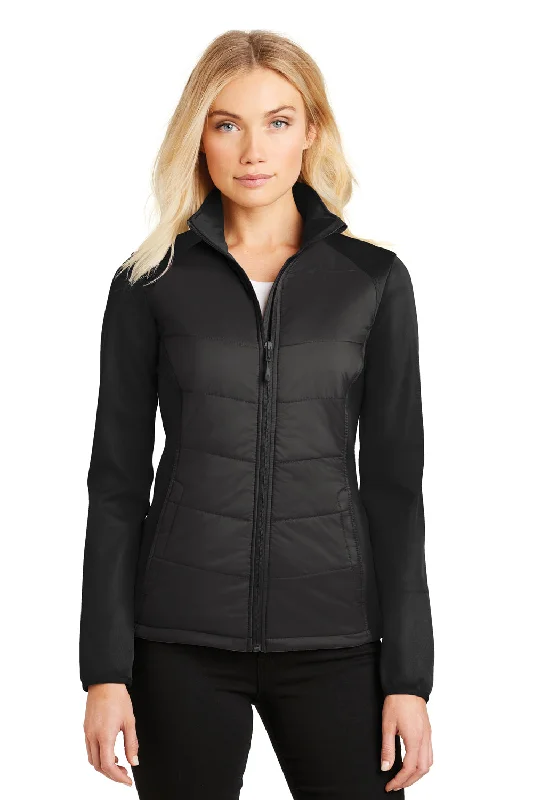 Port Authority Womens Hybrid Wind & Water Resistant Full Zip Jacket - Deep Black Knit Fabric Woven Fabric Fleece Fabric