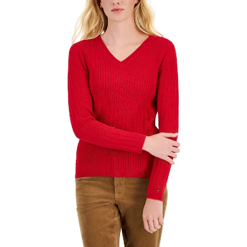 Tommy Hilfiger Womens Solid Cable Knit V-Neck Sweater Zippered Front Buttoned Front Snap Front Tommy Hilfiger Womens Solid Cable Knit V-Neck Sweater Zippered Front Buttoned Front Snap Front