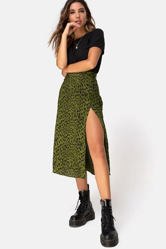 Green Leopard Print Split Midi Skirt linen skirt relaxed
