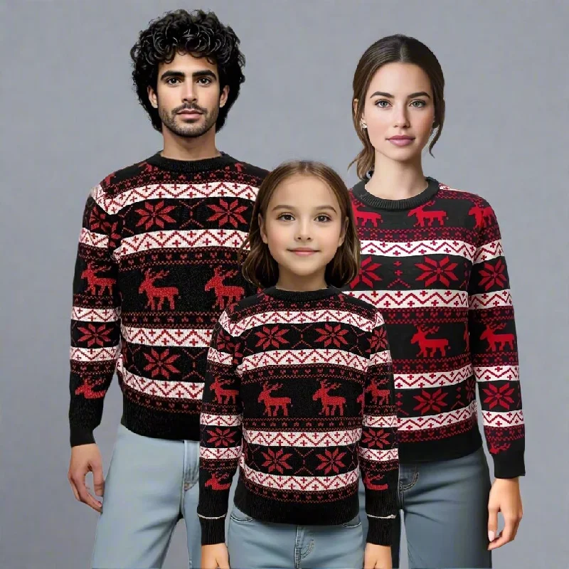 Matching Family Christmas Sweaters – Black with Festive Red Reindeer and Snowflake Design Lace Blend Ribbed Blend Corduroy Blend